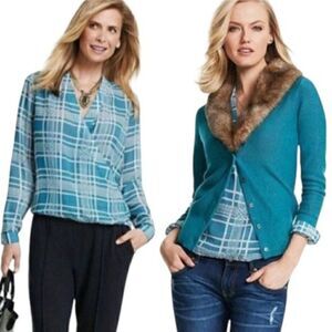 CAbi #3068 Windowpane Wrap Blouse Teal Size Small. EUC!